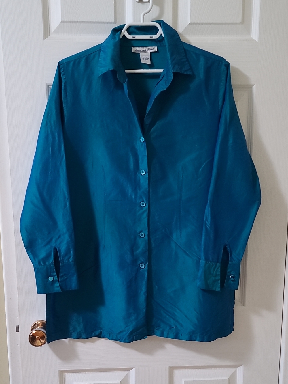 Vintage Anna and Frank 100% Silk Blouse Irridescent Teal Turquoise 90's Y2K